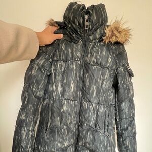 Miss Sixty dark green long puffer jacket with fur lined hood